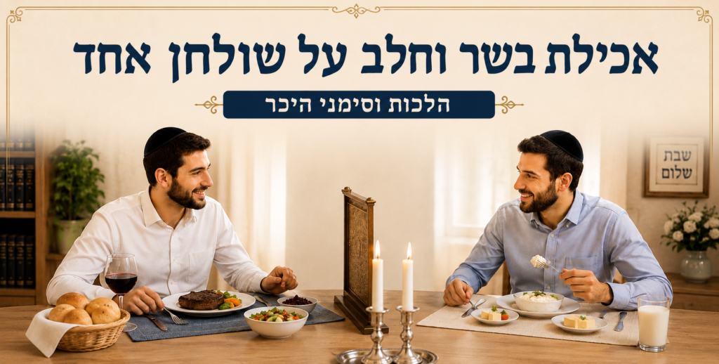 שני סועדים אוכלים בשר וחלב על שולחן אחד עם סימן היכר ביניהם