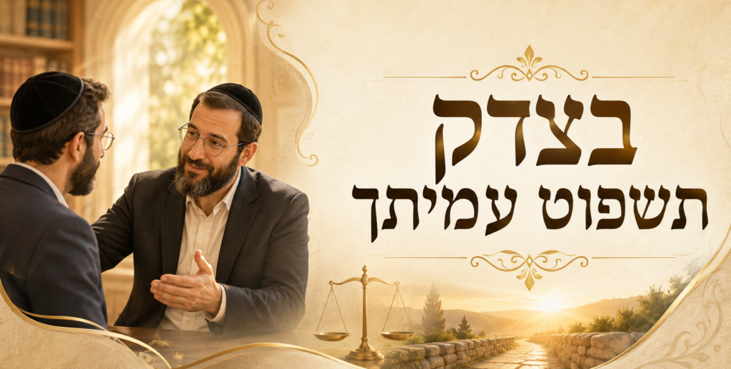 שני אנשים משוחחים לצד מאזני צדק – בצדק תשפוט עמיתך ולדון לכף זכות
