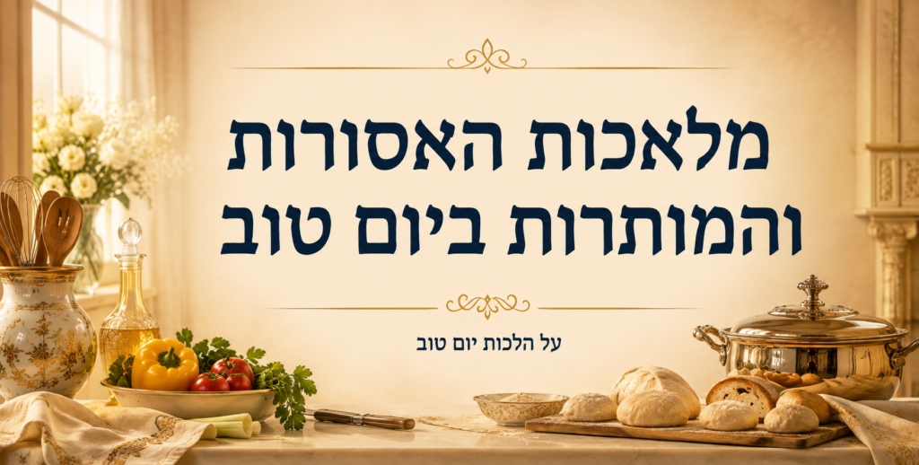 פוסט בנושא מלאכות האסורות והמותרות ביום טוב עם שולחן חג ומטבח מסורתי באווירה יהודית חמה