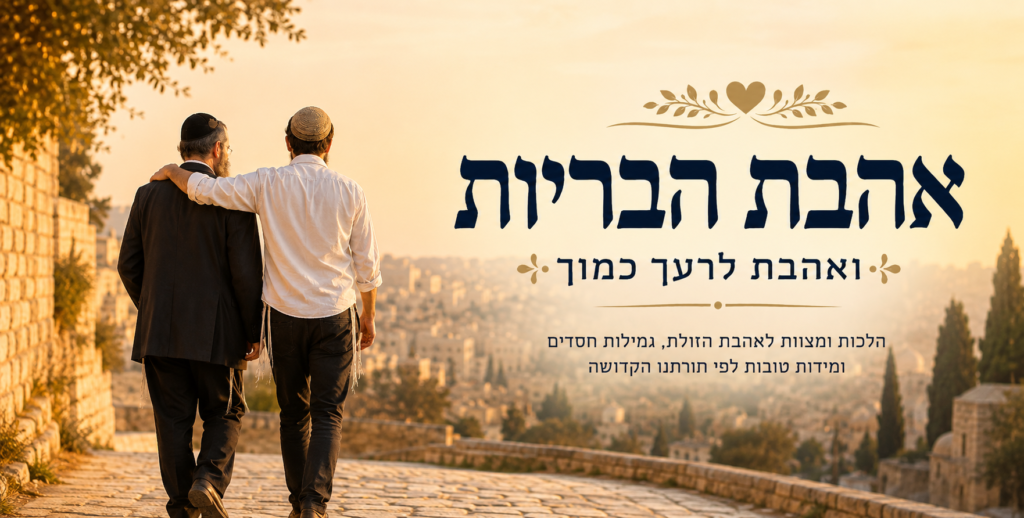 שני גברים יהודים הולכים יחד בירושלים, אחד מניח יד על כתף חברו – אהבת הבריות