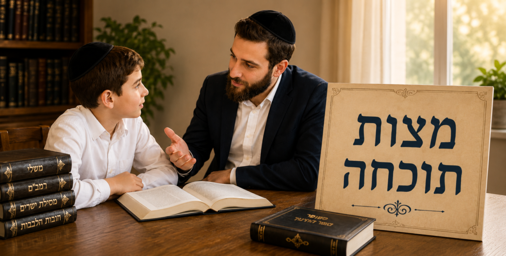 אב משוחח בעדינות עם בנו ליד ספרי קודש – מצות תוכחה