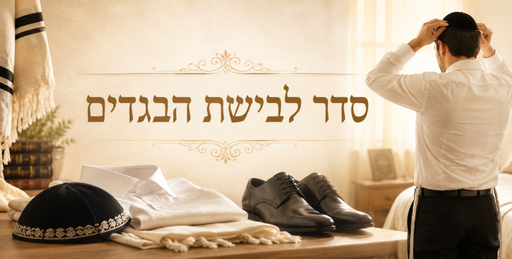 אדם חובש כיפה לצד בגדים ונעליים מסודרים – סדר לבישת הבגדים