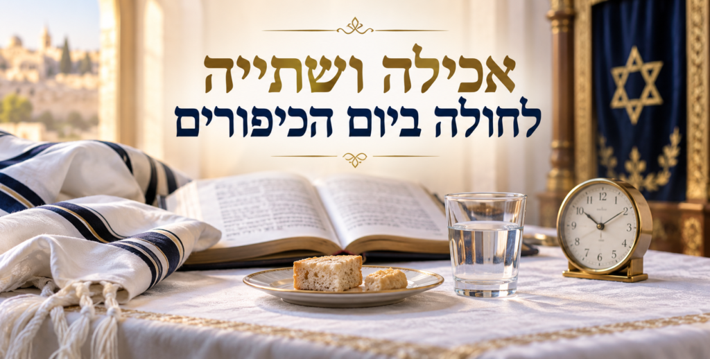 מנות מזון קטנות וכוס מים לצד שעון, טלית ומחזור – אכילה ושתייה לחולה ביום הכיפורים