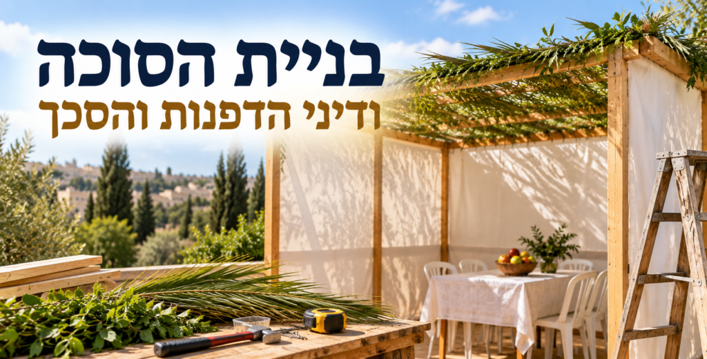 סוכה בתהליך בנייה עם דפנות עץ וסכך מענפים – בניית הסוכה ודיני הדפנות והסכך