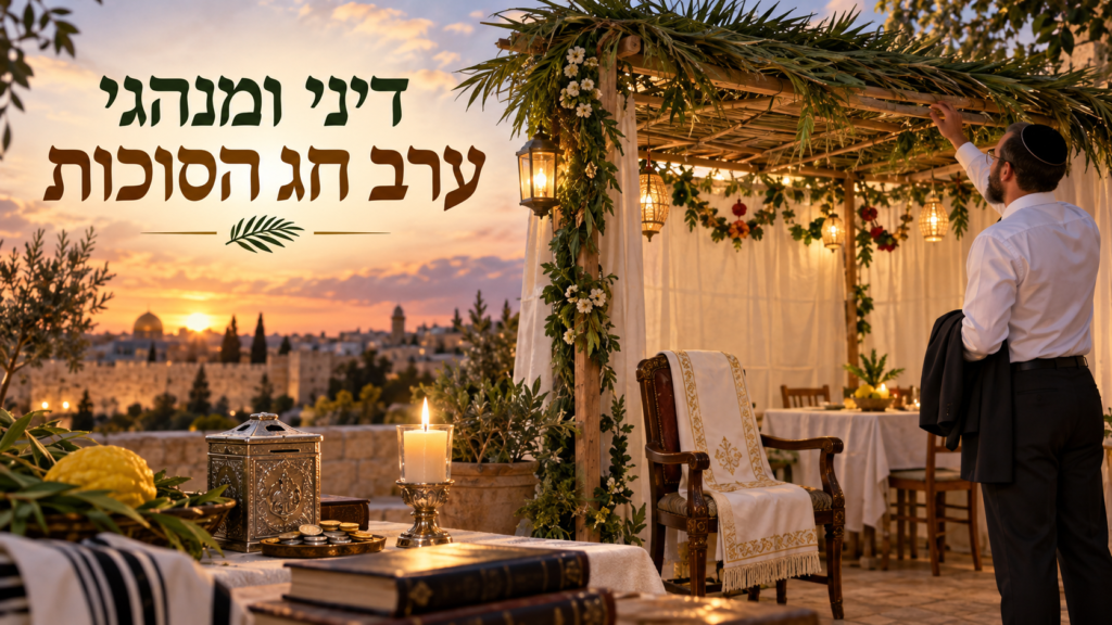 אדם בודק את הסוכה בערב חג הסוכות לצד נר וכיסא לכבוד האושפיזין