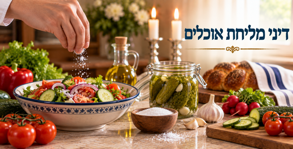 יד בוזקת מלח על סלט ירקות לצד מלפפונים כבושים – דיני מליחת אוכלים