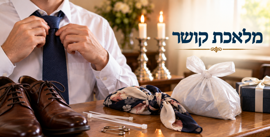 אדם קושר עניבה לצד שרוכי נעליים ושקית קשורה – מלאכת קושר