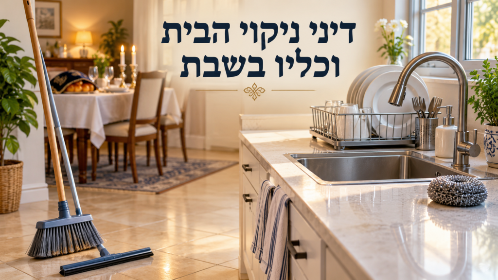 מטאטא ומגב לצד כיור וכלים נקיים – דיני ניקוי הבית וכליו בשבת